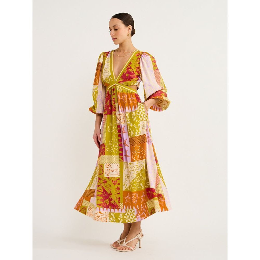 Mon Renn Cove Patchwork Long Sleeve Midi Dress In Patchwork Size S NWT $189 - Picture 4 of 12